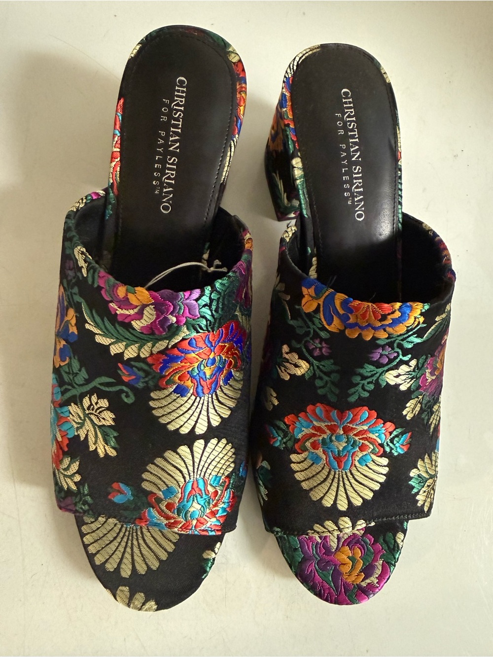 Christian Siriano Black Satin Multicolor Embroidered Mules
